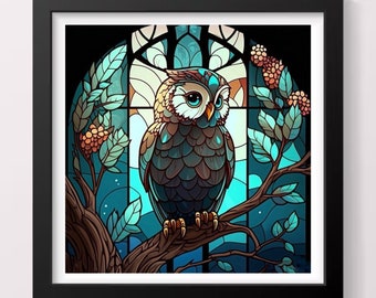 Vitral de búho en punto de cruz