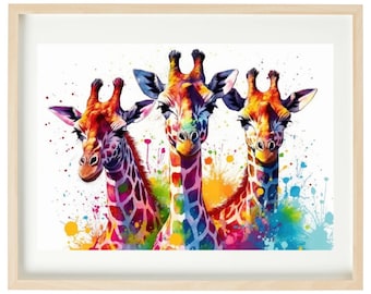 Jirafa arcoíris en acuarela en punto de cruz