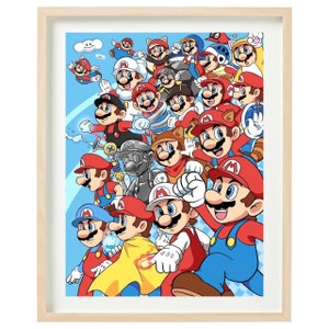May include: A colorful illustration featuring a group of Mario characters, including Mario, Luigi, and Toad. The characters are all in different poses and expressions, and they are surrounded by a blue background with white clouds.