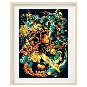 Puede incluir: Una ilustración colorida de personajes populares de videojuegos, incluyendo Mario, Donkey Kong, Link y Cloud, en una escena de batalla dinámica. Los personajes están representados en un estilo retro con contornos audaces y colores vibrantes.