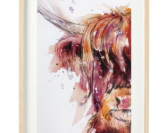 Vaca de las Tierras Altas en acuarela para punto de cruz