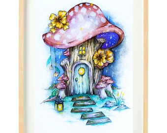 Casa de gnomos y hadas con forma de hongo en punto de cruz