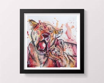 Leona y cachorro de león en punto de cruz con acuarela