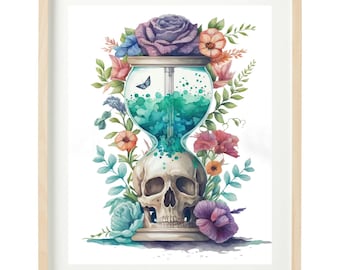 Punto de cruz de calavera, reloj de arena y flores