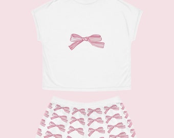Pink Bow pyjama set, woman pyjamas, unisex, festive, matching, loungewear, sleepwear