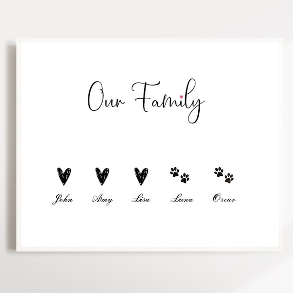 Personalised Our Family Print, Family Sign, Family Gift, Family Tree, Family With Pets, Family Names, Family Christmas Gift, Home Decor Gift
