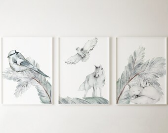 Set van 3 winterprints, aquareldieren, winterdecor, Scandinavische prints, Scandinavische prints, kinderkamerprints, kunst aan de muur, afdrukbare muurkunst