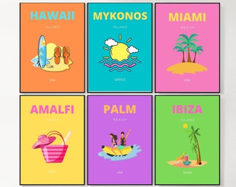 Strand prints set van 6, Hawaii print, Mykonos print, Miami Beach print, Amalfi print, Ibiza print, Palm Beach print, kunst aan de muur, exotische prints