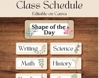 Editable Daily Class Schedule - Shape of the Day - Boho Plant Theme - Neutral Calm Colors - Student Schedule - Visual Schedule -