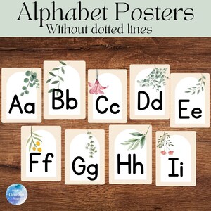 May include: Set of 9 printable alphabet posters featuring watercolor illustrations of leaves and flowers. Each poster has a letter of the alphabet in uppercase and lowercase, with the text "Alphabet Posters Without dotted lines".