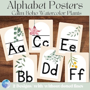 Pósteres del alfabeto / Decoración del aula / Pósteres de letras / Decoración bohemia / Plantas de acuarela / Fuentes aptas para niños / Primaria / Descarga digital
