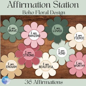 Station d'affirmation florale | Cartes d'affirmation | Cartes d'état d'esprit de croissance | Présentoir d'affirmation pour enfants Boho | Amour de soi | Positivité en classe
