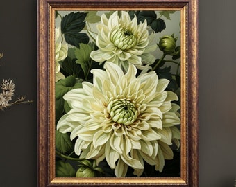 White Dahlia Print, Floral Art, Vintage Nature