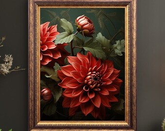 Red Dahlias Print, Floral Art, Nature Art