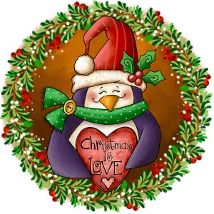 Christmas Is Love Sign, Penguin Sign, Winter Sign, Round Metal Wreath Sign, Wreath Center, Craft Embellishment