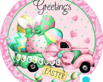 Greetings Easter Sign, Pink Easter Truck Sign, Easter Egg Sign, Spring Wreath Sign, Craft Embellishment