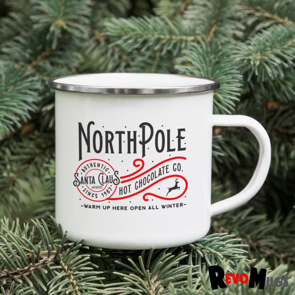 Christmas North Pole Enamel Hot Chocolate Mugs - Printed in the UK - Christmas Eve Box