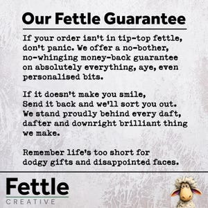Puede incluir: Una imagen con el texto "Our Fettle Guarantee" y una garant&iacute;a de satisfacci&oacute;n del cliente. El texto promete una garant&iacute;a de devoluci&oacute;n del dinero y anima a las devoluciones si el cliente no est&aacute; satisfecho. El logotipo de Fettle Creative est&aacute; en la parte inferior.