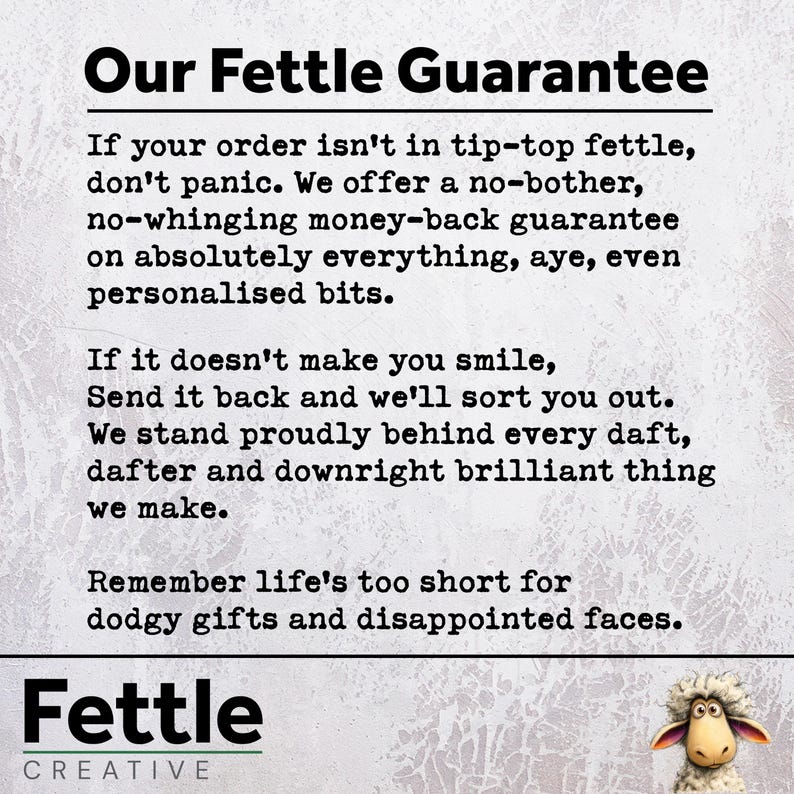 Puede incluir: Una imagen con el texto "Our Fettle Guarantee" y una garant&iacute;a de satisfacci&oacute;n del cliente. El texto promete una garant&iacute;a de devoluci&oacute;n del dinero y anima a las devoluciones si el cliente no est&aacute; satisfecho. El logotipo de Fettle Creative est&aacute; en la parte inferior.