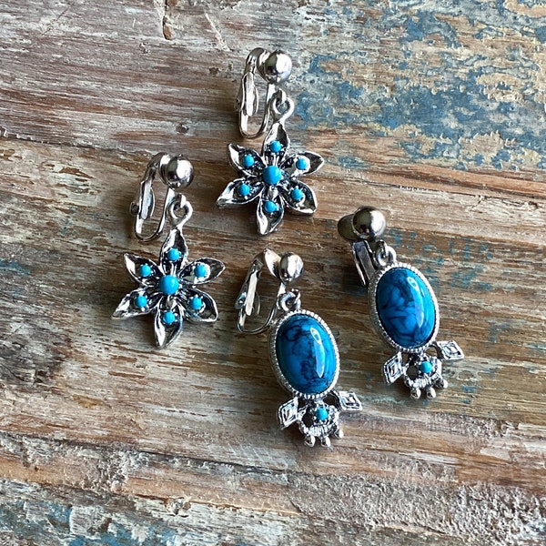 Two Pairs Vintage Clip On Earrings Bohemian Southwest Dangle Drop Earring Lot ~ Vintage Jewelry Set Imitation Blue Turquoise Plastic Lucite
