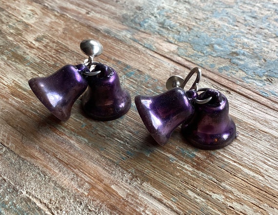 MCM Purple Dangling Bells Screw Back Earrings Vin… - image 1