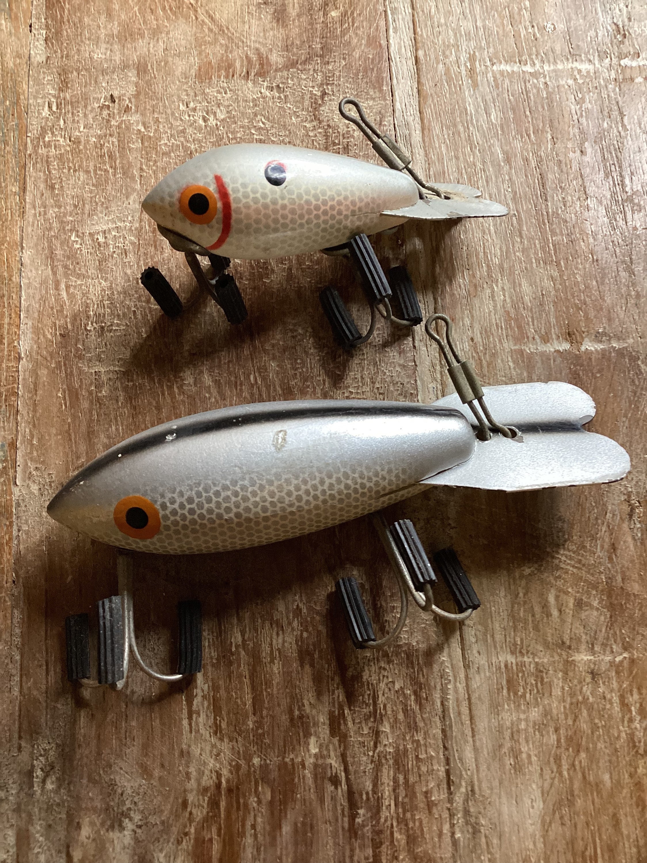 Vintage Wooden Fishing Lure Hand Painted Silver & White Fish Orange Eyes  LUXON Bomber Bait Company Outdoor Recreation Collectible 