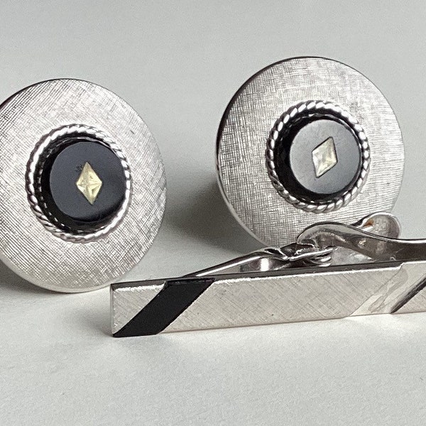 SWANK USA Silver Plated Black Glass Rhinestone Cufflinks Tie Clip ~ retro set men’s woman’s suit tie accessory vintage wedding prom jewelry