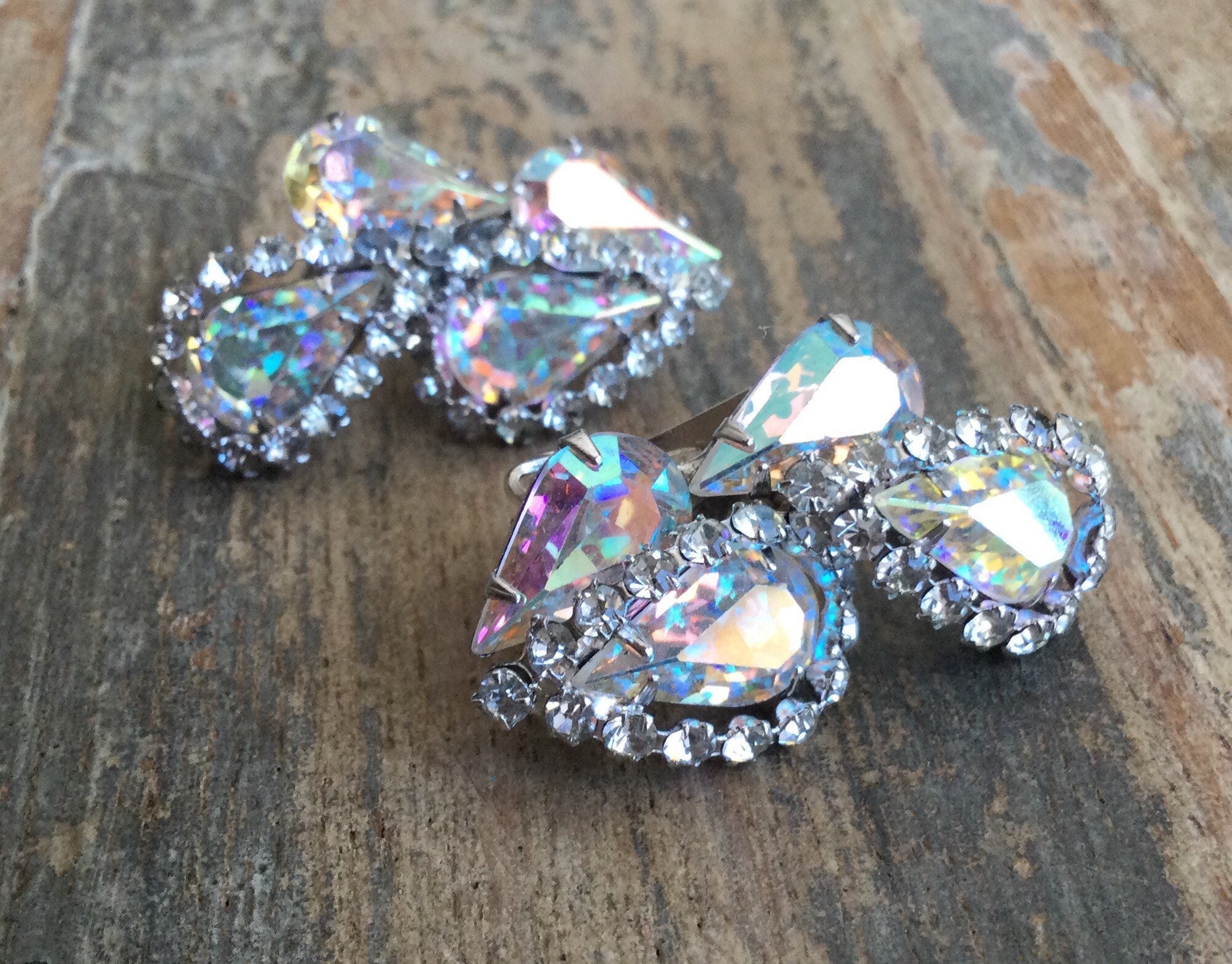 AB Crystal WEISS Sparkly Clip On Climber Earrings Vintage Signed Estate Sale Costume Jewelry Set Teardrop Cit Aurora Borealis Rhinestone Lot