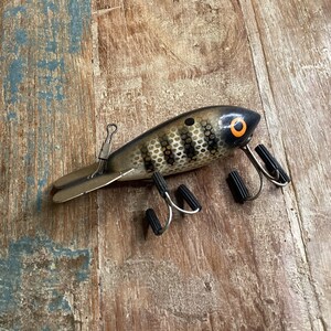 Vintage Wooden Fishing Lure Hand Painted Black Gold Metallic Fish