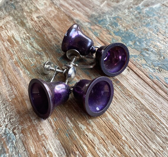 MCM Purple Dangling Bells Screw Back Earrings Vin… - image 4
