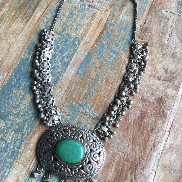 Unique Bohemian Cha Cha Jingling Beaded Bib Necklace Vintage Jewelry Large Green Statement Runway Silver Flower Leaf Chain Dangling Beads