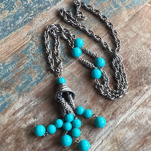 70s Tassel Beaded Necklace ~ Boho Hippie Estate Sale Fashion Jewelry ~ Blue Turquoise Plastic Colored Beads ~ Vintage Jewelry ~ 27” Long