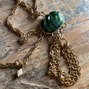 Sarah Coventry Tassel Y-Drop Necklace ~ Swag Festoon Necklace ~ Designer Signed Estate Sale Fashion Jewelry ~ Vintage Gold & Green Lucite