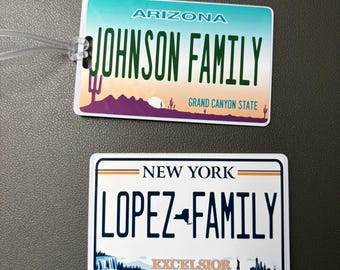 Custom State License Plate Tag – All 50 States | Luggage Tag, Stroller Tag, Cruise Card Holder, PVC Travel Tag | Personalized Name ID Tag
