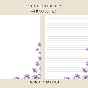 Printable Stationery Paper, A4 & 8.5x11, Lined, Unlined, Digital Letter Writing Paper, Purple Flowers Illustration, Instant Download