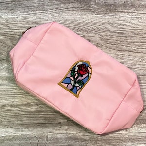 Disney Inspired Embroidered Beauty & The Beast Stain Glass XL Pink Nylon Zip Ear Bag