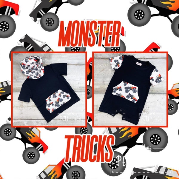 Monster Truck Collection: Infant Romper or Short Sleeve Hoodie (Pocket Detail)