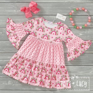 Strawberry Rainbows Girls Tiered Bell Sleeve Milk Silk Dress (Rainbow, Strawberry, Heart, Polka Dot Design)