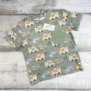 Silly Safari Boy&#39;s Short Sleeve Milk Silk Pocket Shirt (Wild Animals, Lion, Monkey Zebra, Elephant Print)
