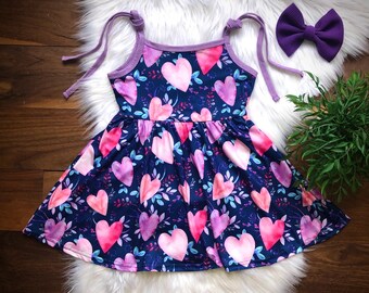 3T/4T: Sweet Hearts Twirl Dress (Colorful Heart and Floral Design in Pink/Purple/Teal Tones on Midnight Blue Background)