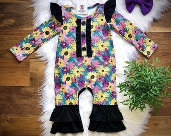 6-12 Months: Sunflowers and Daisies Girls Ruffled Romper