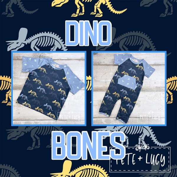 Dinosaur Bones Collection:  Raglan Tee or Long Romper with Pocket (Prehistoric Dino Bones Design)