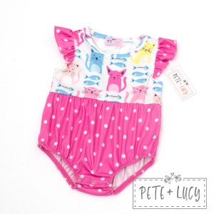 12-18 months: I Love Cats Romper|Bubble (Cat/Kitten/Fish/Polka Dot Design)