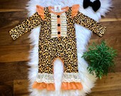 Little Leopard Long Sleeve Romper/Playsuit (Orange Leopard Print with Lace and Ruffle Details)
