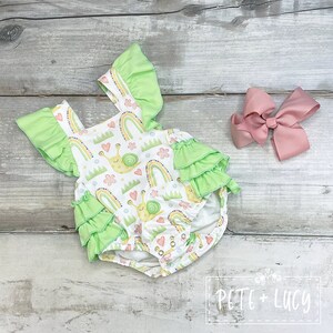 Snailed It!  Girls Ruffled Lime Romper/Bubble (Rainbow/Floral/Heart Design)
