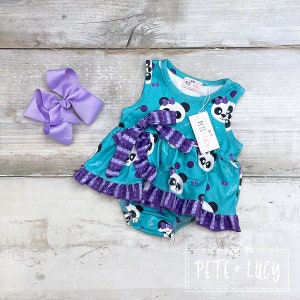 0-3 months:  Pop of Pandas Baby Girls Ruffled Romper/Bubble