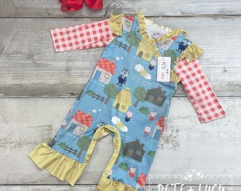 18-24 months: Three Little Pigs Girls Ruffled Romper (Pigs, Wolf, Houses, Gingham Print)