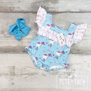 Party in Paris:  Baby Girls Ruffled Romper/Bubble (Kitten/Cat, Heart, Eiffel Tower, Paris , Umbrella Design)