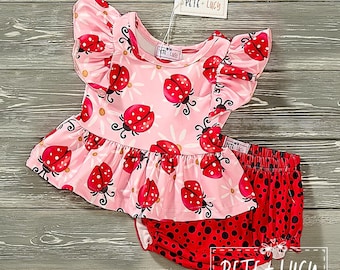 Ladybugs and Daisies 2 piece Milk Silk Girls Peplum Top and Bummie / Bloomer Set