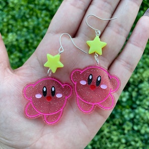 Dream land Kirby Earrings - acrylic earrings, nintendo pink character glittery charm